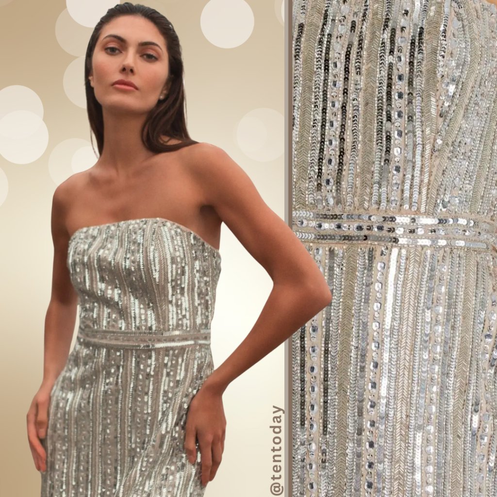 Mac Duggal Size 2 Silver Beige Nude Beaded Sequin Strapless Column Midi Dress